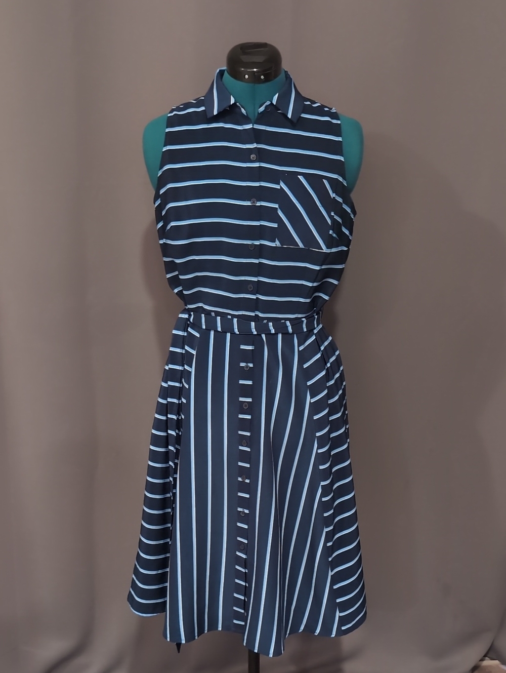 Tommy Hilfiger Navy and Light Blue Striped Sleeveless Shirt Dress with Belt